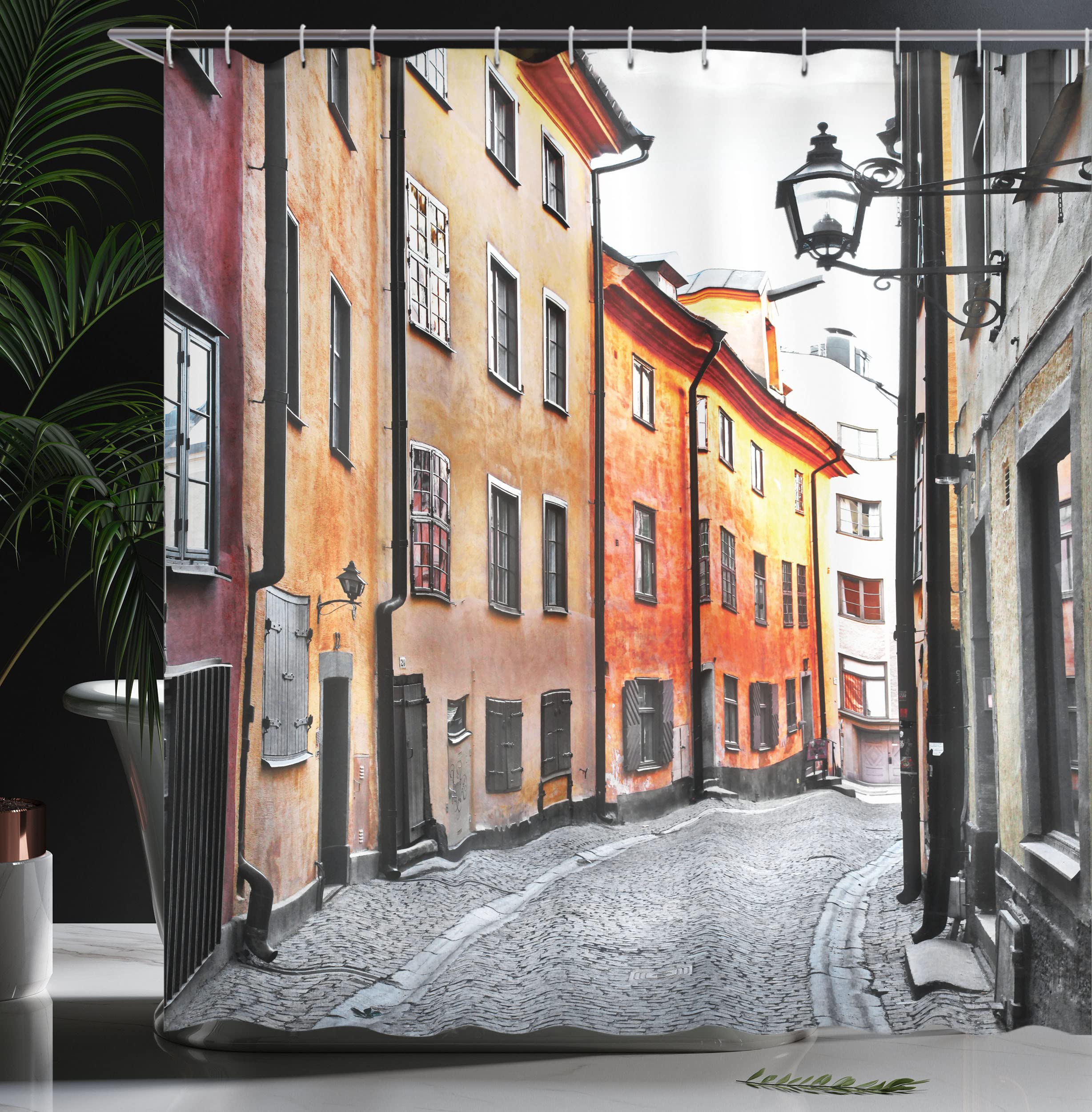 Ambesonne Wanderlust Shower Curtain, Streets Of Stockholm Old Town Famous Landmark Pavement Europe, Cloth Fabric Bathroom Decor